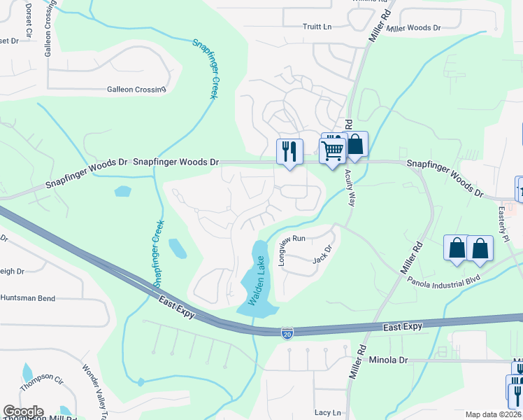 map of restaurants, bars, coffee shops, grocery stores, and more near 102 Creste Drive in Decatur
