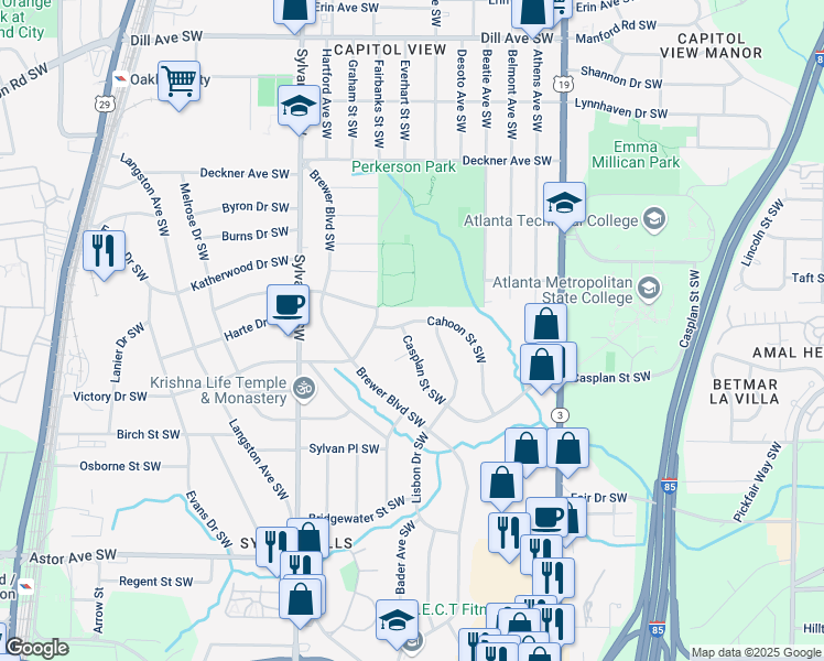 map of restaurants, bars, coffee shops, grocery stores, and more near 1713 Cahoon Street Southwest in Atlanta