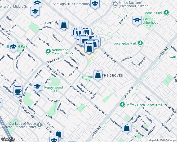 map of restaurants, bars, coffee shops, grocery stores, and more near 78 Cape Cod in Irvine