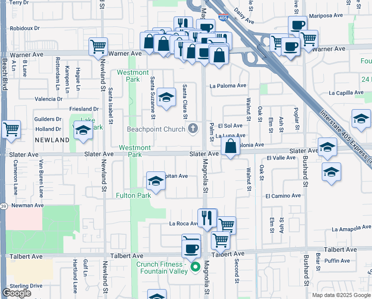 map of restaurants, bars, coffee shops, grocery stores, and more near 8913 La Dona Court in Fountain Valley