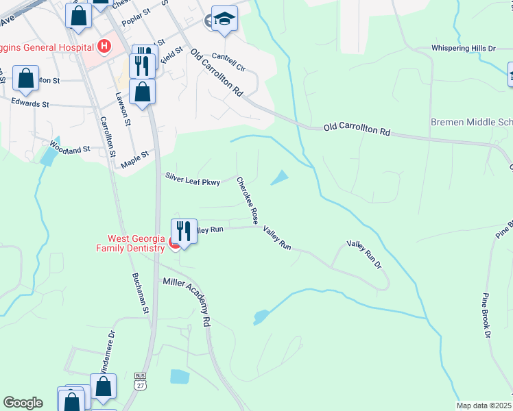 map of restaurants, bars, coffee shops, grocery stores, and more near 708 Cherokee Rose in Bremen