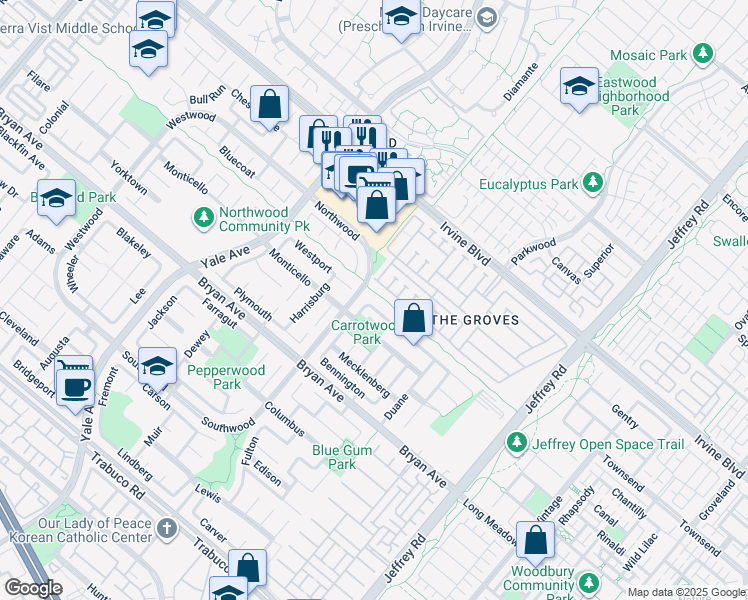 map of restaurants, bars, coffee shops, grocery stores, and more near 78 Cape Cod in Irvine