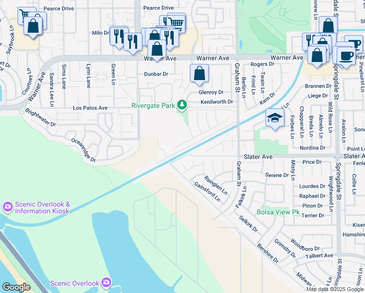map of restaurants, bars, coffee shops, grocery stores, and more near 5192 Goldenrod Circle in Huntington Beach