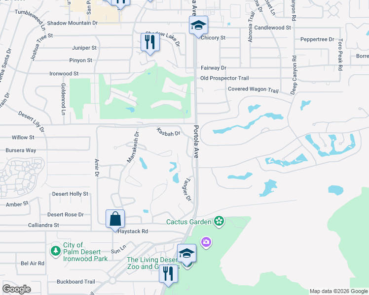 map of restaurants, bars, coffee shops, grocery stores, and more near 47033 Arcadia Lane in Palm Desert