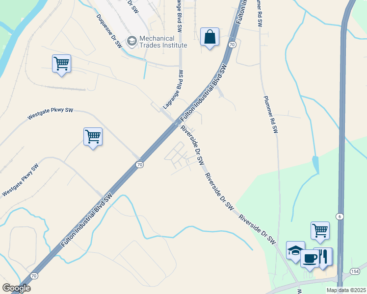 map of restaurants, bars, coffee shops, grocery stores, and more near 6150 Riverside Drive Southwest in Atlanta