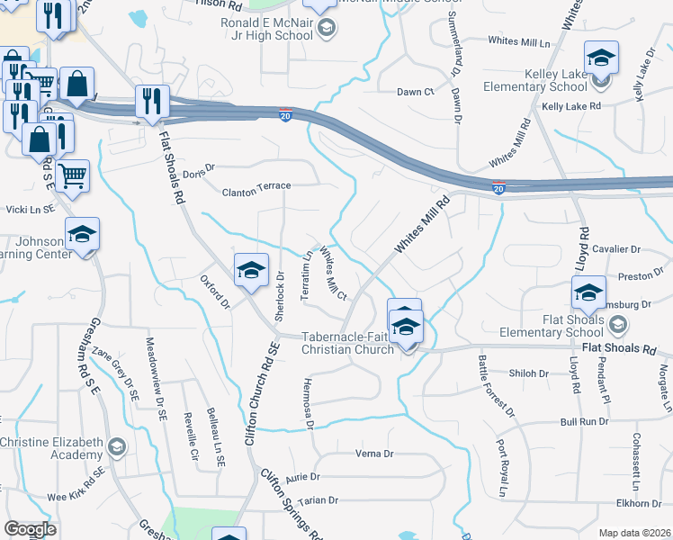 map of restaurants, bars, coffee shops, grocery stores, and more near 2666 Whites Mill Court in Decatur