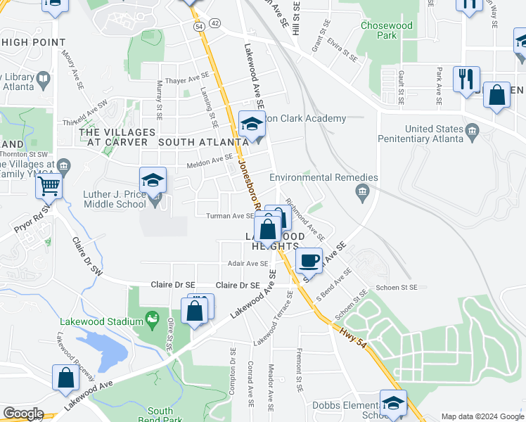 map of restaurants, bars, coffee shops, grocery stores, and more near 1598 Jonesboro Road Southeast in Atlanta