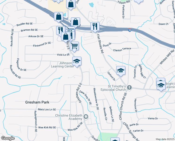 map of restaurants, bars, coffee shops, grocery stores, and more near 2693 Larkspur Drive Southeast in Atlanta