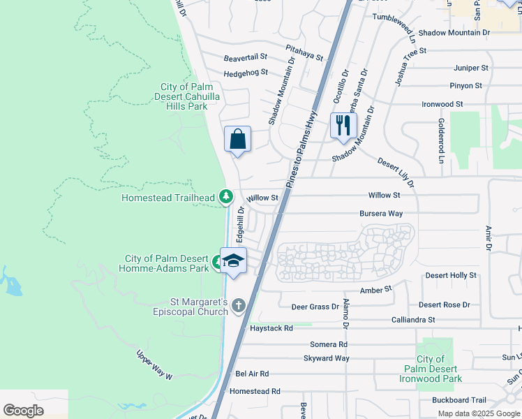 map of restaurants, bars, coffee shops, grocery stores, and more near 72664 Willow Street in Palm Desert