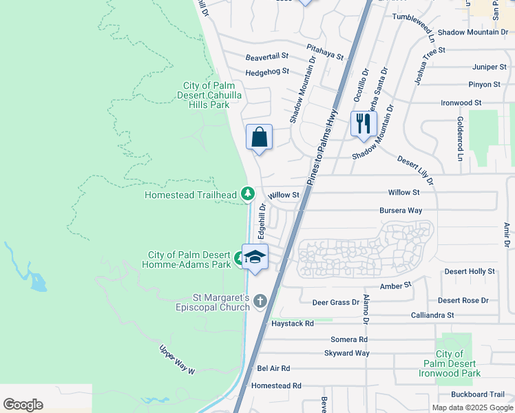 map of restaurants, bars, coffee shops, grocery stores, and more near 72616 Edgehill Drive in Palm Desert