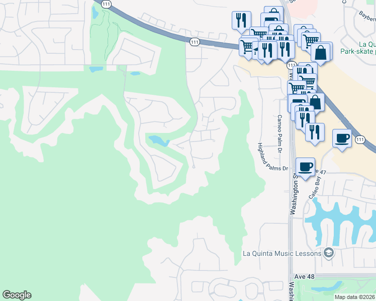 map of restaurants, bars, coffee shops, grocery stores, and more near 46785 Mountain Cove Drive in Indian Wells