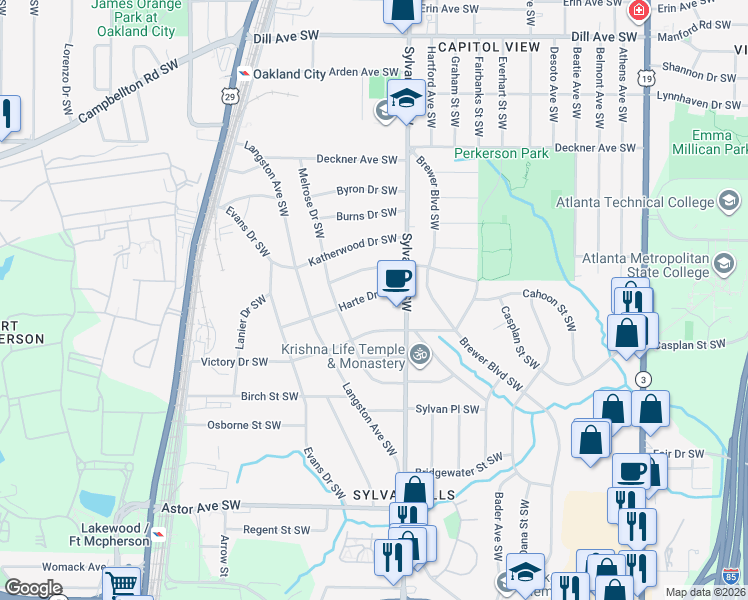 map of restaurants, bars, coffee shops, grocery stores, and more near 958 Harte Drive Southwest in Atlanta