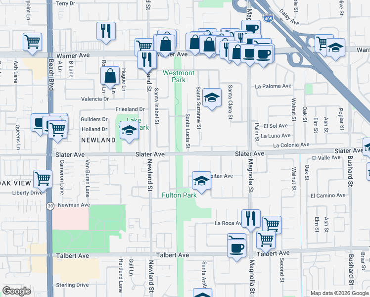 map of restaurants, bars, coffee shops, grocery stores, and more near 17475 Santa Lucia Street in Fountain Valley