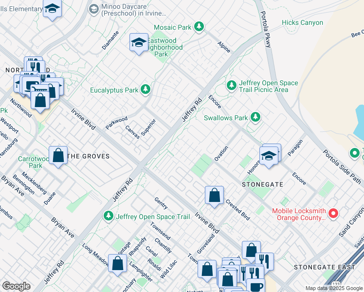 map of restaurants, bars, coffee shops, grocery stores, and more near 81 Rembrandt in Irvine