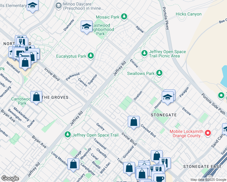 map of restaurants, bars, coffee shops, grocery stores, and more near 81 Rembrandt in Irvine