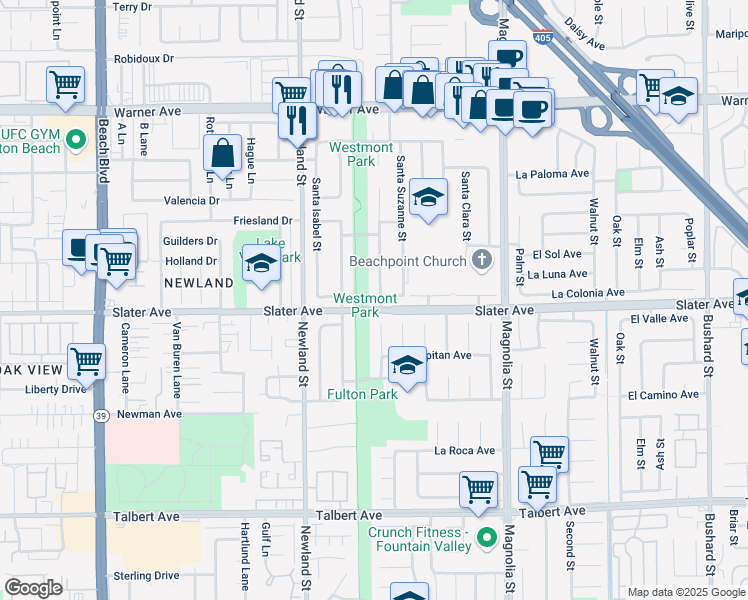 map of restaurants, bars, coffee shops, grocery stores, and more near 17430 Santa Maria Street in Fountain Valley
