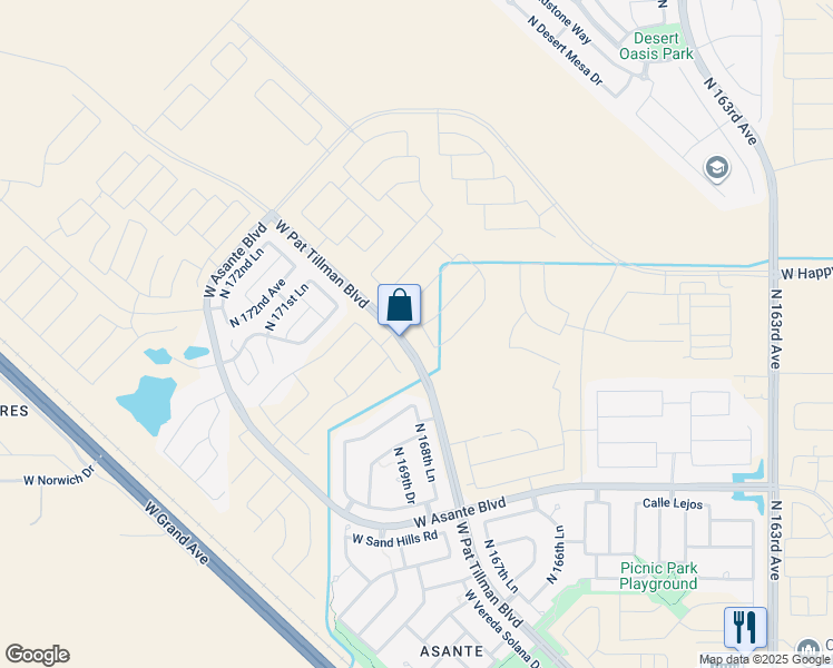 map of restaurants, bars, coffee shops, grocery stores, and more near North Pat Tillman Boulevard in Surprise