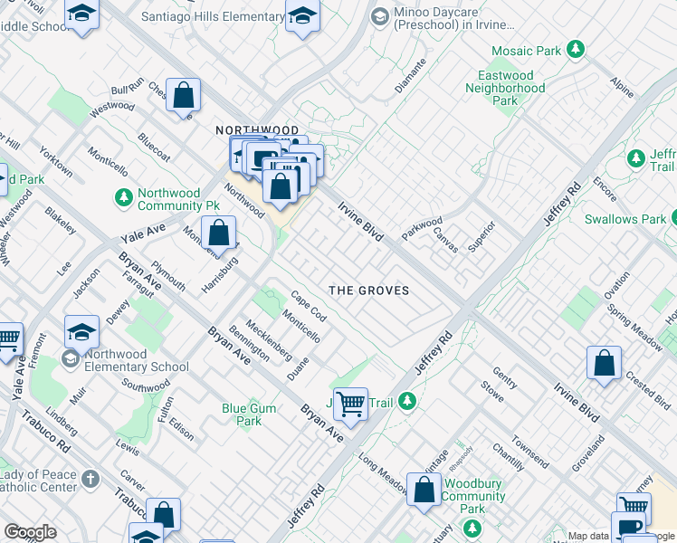 map of restaurants, bars, coffee shops, grocery stores, and more near 5200 Irvine Boulevard in Irvine