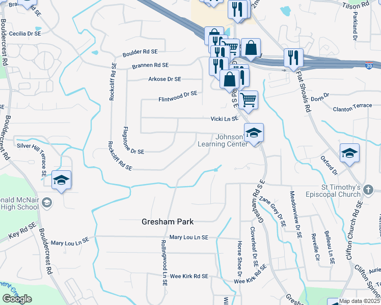 map of restaurants, bars, coffee shops, grocery stores, and more near 2887 Rockcliff Road Southeast in Atlanta