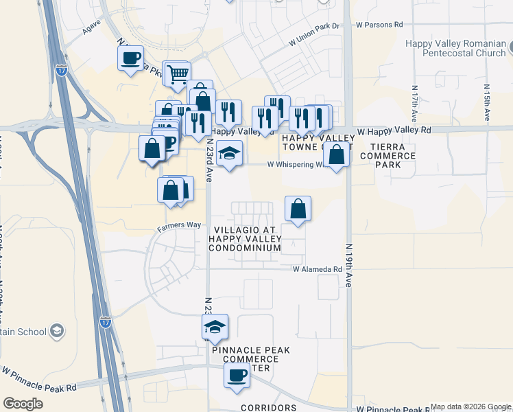 map of restaurants, bars, coffee shops, grocery stores, and more near 2117 West Whispering Wind Drive in Phoenix