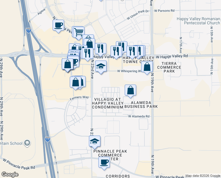 map of restaurants, bars, coffee shops, grocery stores, and more near 2117 West Whispering Wind Drive in Phoenix