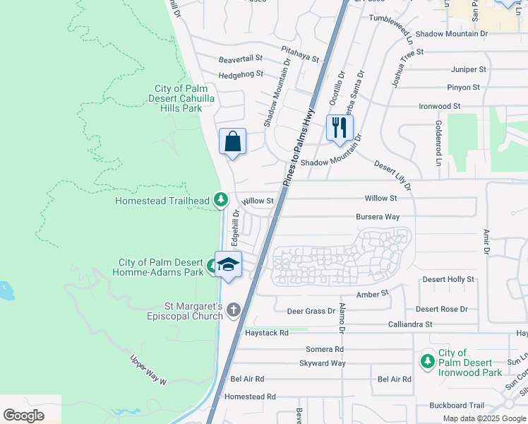 map of restaurants, bars, coffee shops, grocery stores, and more near 72763 Willow Street in Palm Desert