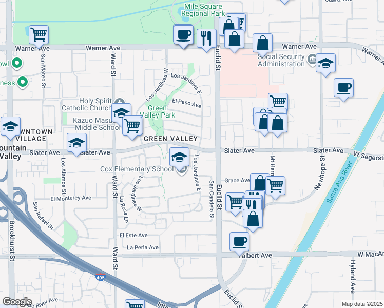 map of restaurants, bars, coffee shops, grocery stores, and more near 10877 Slater Avenue in Fountain Valley