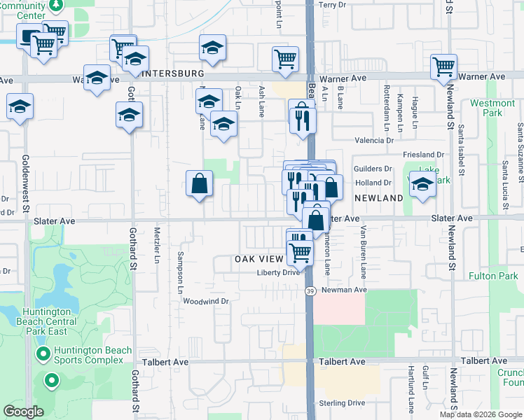 map of restaurants, bars, coffee shops, grocery stores, and more near 17412 Queens Lane in Huntington Beach