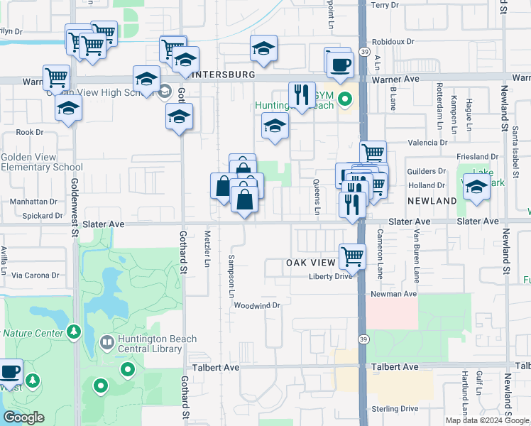 map of restaurants, bars, coffee shops, grocery stores, and more near 17422 Dairyview Circle in Huntington Beach