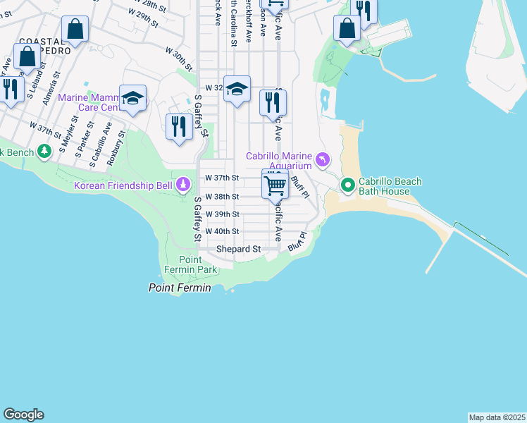 map of restaurants, bars, coffee shops, grocery stores, and more near 525 West 38th Street in Los Angeles