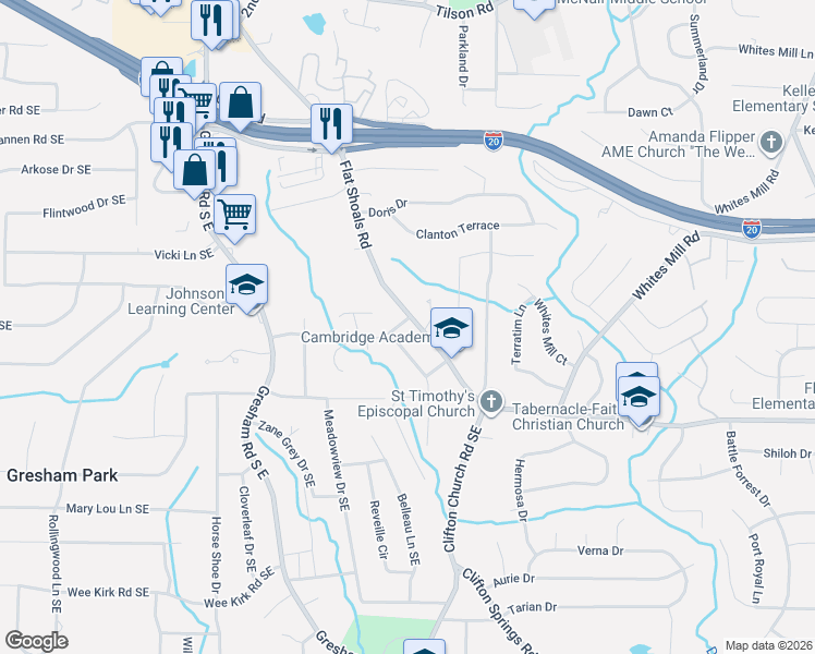 map of restaurants, bars, coffee shops, grocery stores, and more near 2707 Flat Shoals Road in Decatur