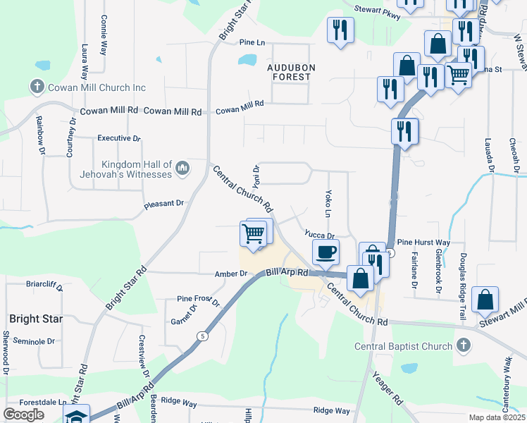map of restaurants, bars, coffee shops, grocery stores, and more near 6204 Central Church Road in Douglasville