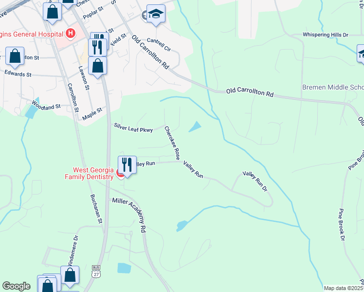 map of restaurants, bars, coffee shops, grocery stores, and more near 708 Cherokee Rose in Bremen