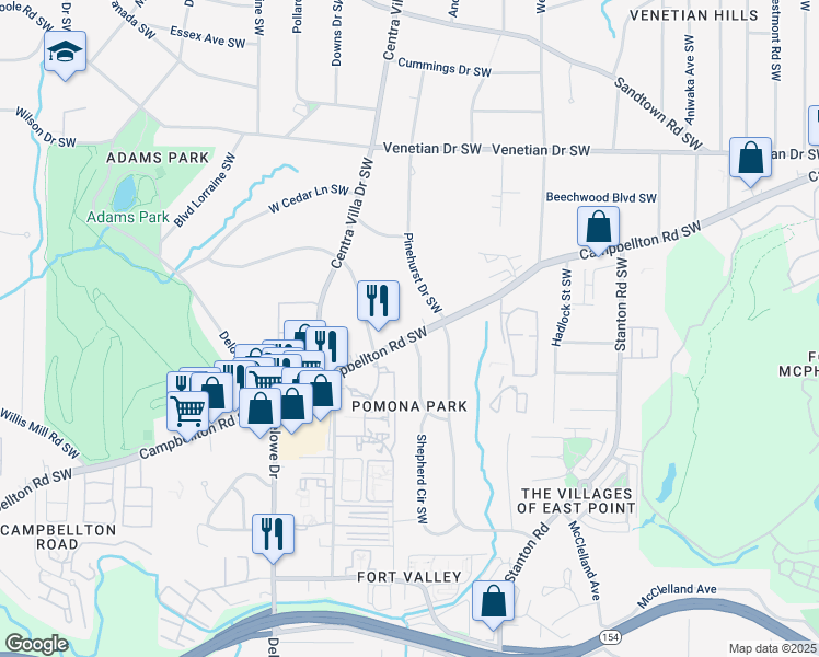 map of restaurants, bars, coffee shops, grocery stores, and more near 1925 Campbellton Road Southwest in Atlanta