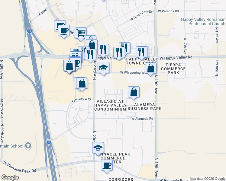 map of restaurants, bars, coffee shops, grocery stores, and more near 2117 West Whispering Wind Drive in Phoenix