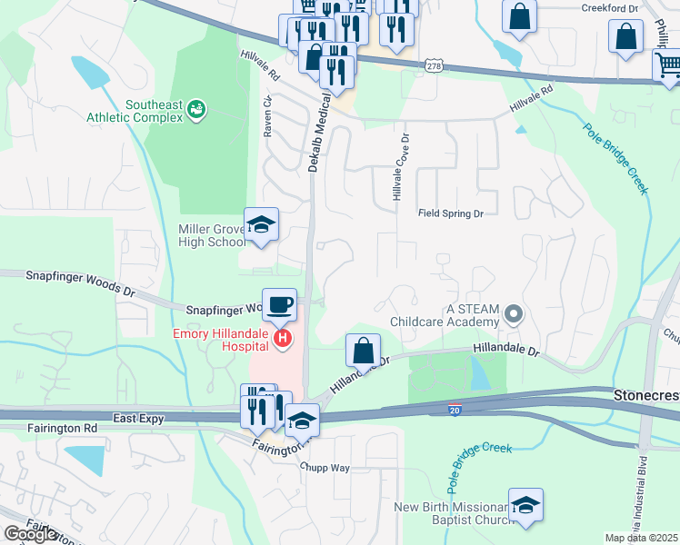 map of restaurants, bars, coffee shops, grocery stores, and more near 2650 Dekalb Medical Pkwy in Lithonia