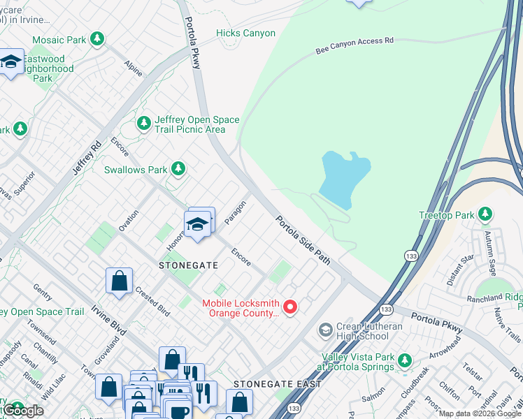 map of restaurants, bars, coffee shops, grocery stores, and more near 51 Dunmore in Irvine