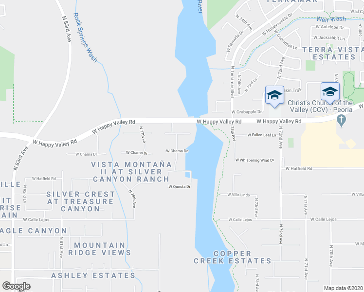 map of restaurants, bars, coffee shops, grocery stores, and more near 7578 West Chama Drive in Peoria