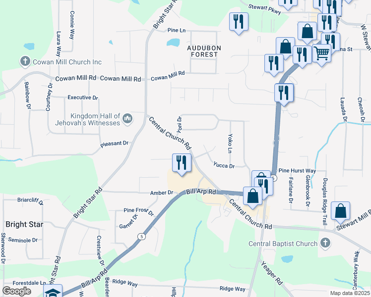 map of restaurants, bars, coffee shops, grocery stores, and more near 6204 Central Church Road in Douglasville