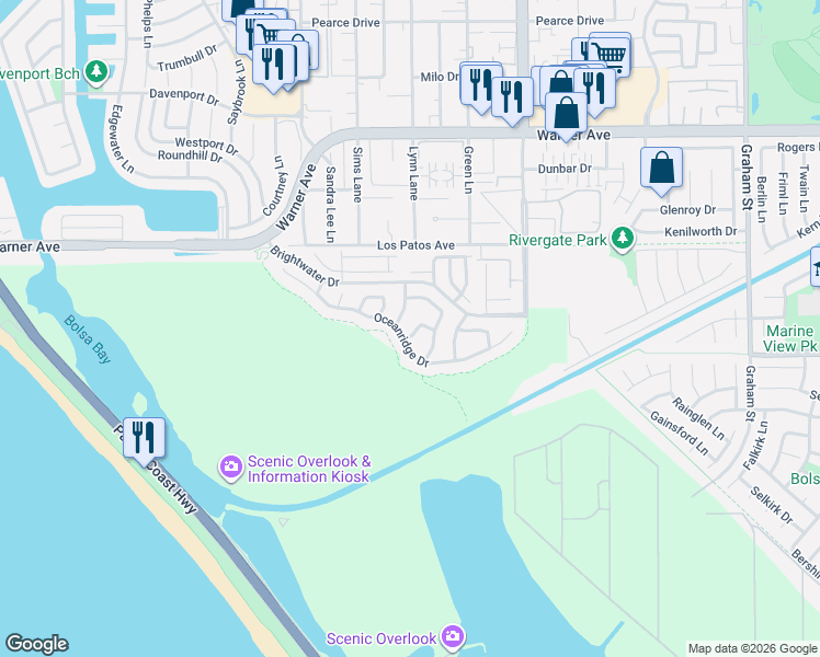 map of restaurants, bars, coffee shops, grocery stores, and more near 4761 Longpoint Drive in Huntington Beach