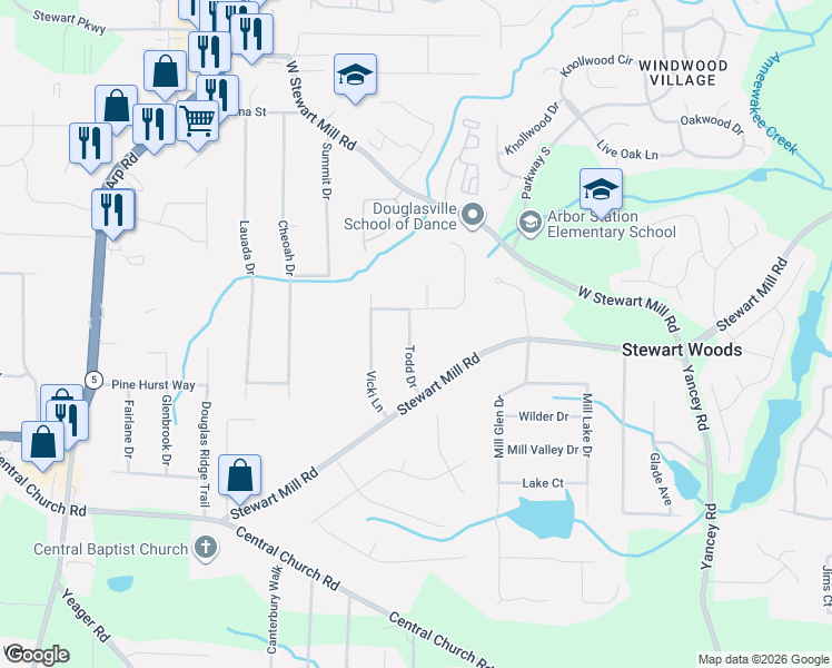 map of restaurants, bars, coffee shops, grocery stores, and more near 5571 Christi Drive in Douglasville