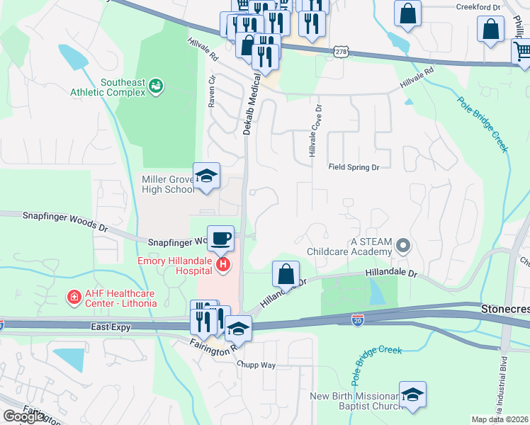 map of restaurants, bars, coffee shops, grocery stores, and more near 100 Camellia Lane in Lithonia