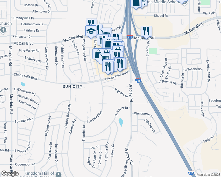 map of restaurants, bars, coffee shops, grocery stores, and more near 26819 Augusta Drive in Menifee