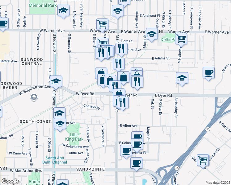 map of restaurants, bars, coffee shops, grocery stores, and more near 2800 Main Street in Santa Ana