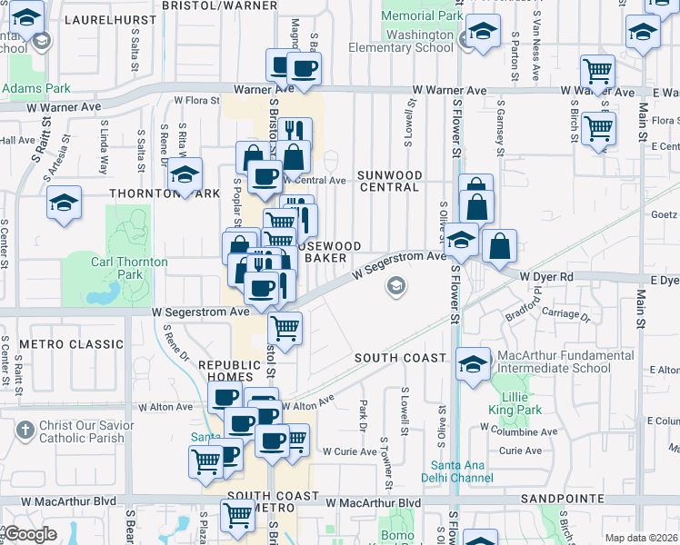 map of restaurants, bars, coffee shops, grocery stores, and more near 2729 South Rosewood Avenue in Santa Ana