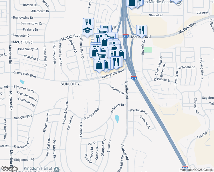 map of restaurants, bars, coffee shops, grocery stores, and more near 26819 Augusta Drive in Menifee