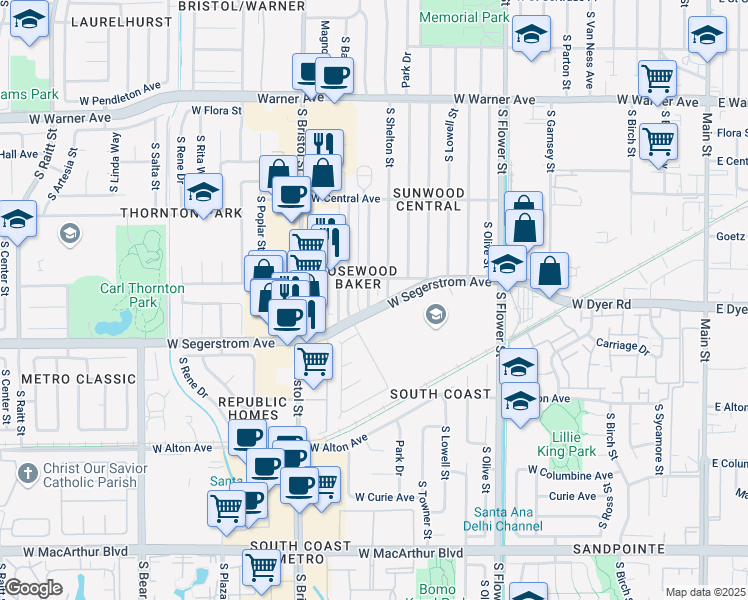 map of restaurants, bars, coffee shops, grocery stores, and more near 2702 South Shelton Street in Santa Ana