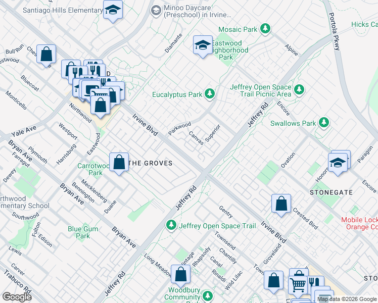 map of restaurants, bars, coffee shops, grocery stores, and more near 172 Bishop Landing in Irvine