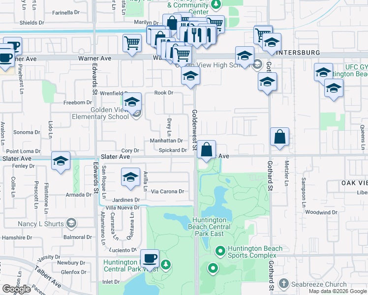 map of restaurants, bars, coffee shops, grocery stores, and more near 6931 Spickard Drive in Huntington Beach