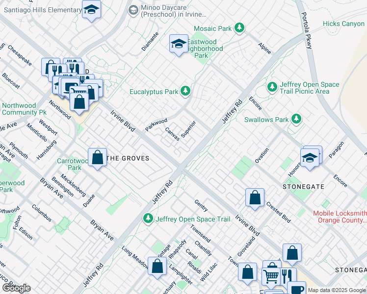 map of restaurants, bars, coffee shops, grocery stores, and more near 134 Canvas in Irvine